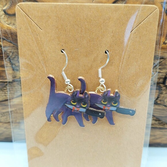 Jewelry - Naughty Cat Earrings Halloween Horror Purple Kitty